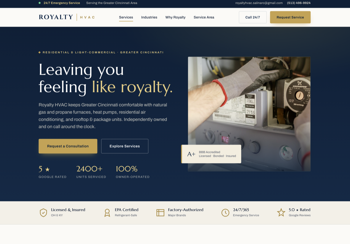 Royalty HVAC website homepage